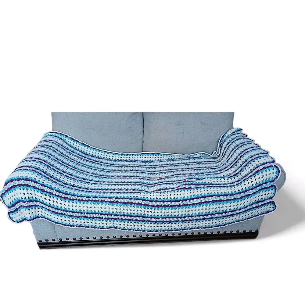 VNT Crochet Blanket Throw Afghan 68.x37 Blue White Stripes Scallop Hippie Granny